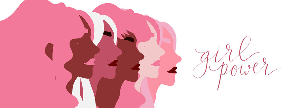 Girl power lettering. Group of women of diverse skin color illustration