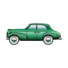 Retro green cartoon car isolated on white background. Transport vehicle. Template of classic car for design, vehicle branding, advertising and corporate identity. Vector illustration in flat style.