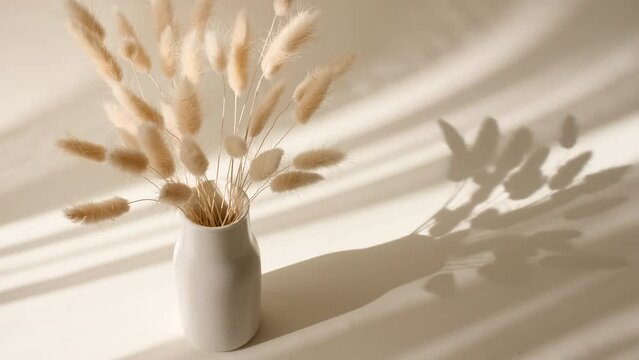 The movement of golden spikelets in the wind. Sunlight soft light and shadows from the transparent curtain, tulle. Space for text. Product presentation, mockup for advertising. High quality 4k footage