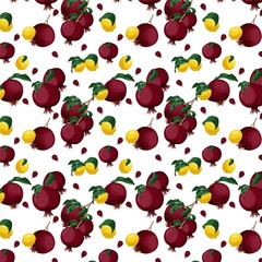 Seamless pattern with colorful fruits and green leaves floral background.