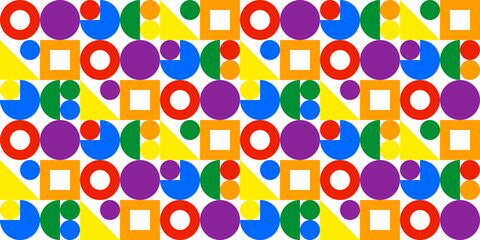 Abstract geometric seamless pattern in lgbt colors on a white background, red, orange, yellow, green, blue, violet. Circles, squares, triangles