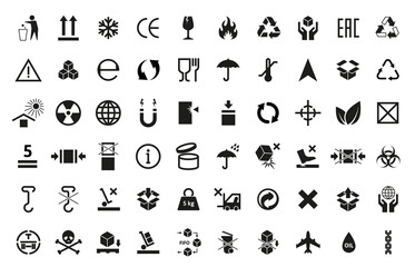 Packaging symbols. Cargo shipping and product labeling icons. Handle with care, flammable warning and umbrella vector pictograms set