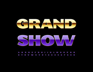 Vector premium emblem Grand Show. Chic violet Font. Artistic Alphabet Letters and Numbers.