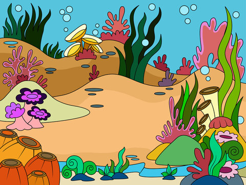 Children coloring, seabed landscape, marine plants. Color picture raster.