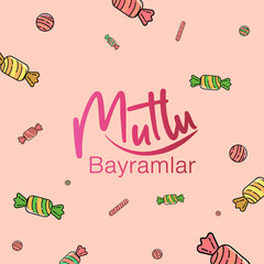 colorful candies with a Turkish message 'Happy Feast' for people who celebrate Ramadan Feast or Feast of Sacrifice