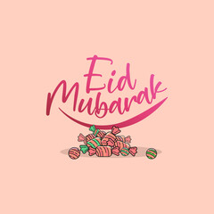 a pink basket full of colorful candies with a message 'Happy Feast' to celebrate Ramadan Feast or Feast of Sacrifice of Muslims