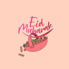 a pink basket full of colorful candies with a message 'Happy Feast' to celebrate Ramadan Feast or Feast of Sacrifice of Muslims