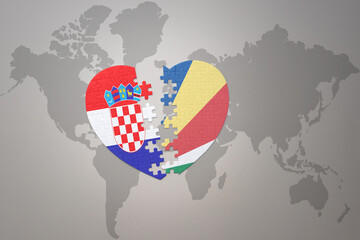 puzzle heart with the national flag of croatia and seychelles on a world map background.Concept.