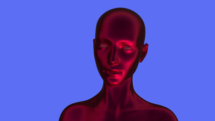 3D render portrait of a red bald woman on a blue background.