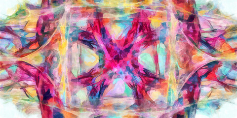 Abstract flowing digital fractal patterns in a painterly style - watercolor bright acrylic paint and ink styled symmetrical space and bright abstract concept