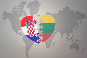 puzzle heart with the national flag of croatia and lithuania on a world map background.Concept.