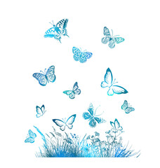 Abstract blue grass and flying butterflies. Vector illustration