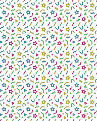 Festive seamless pattern. Geometric shapes, colorful elements, holiday ornamental transparent background. Bright color palette. Vector