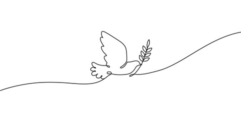 Dove with olive branch. Peace symbol, flying bird with outstretched wings continuous one line vector illustration