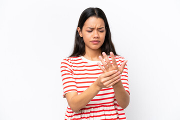 Young Colombian woman isolated on white background suffering from pain in hands