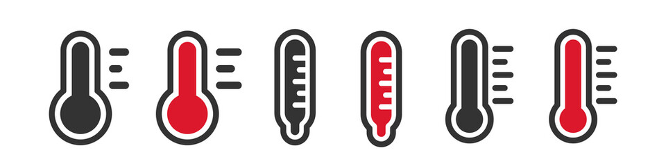 Set of thermometers. Thermometer with red mercury. Black and colored icons. Vector clipart isolated on white background.