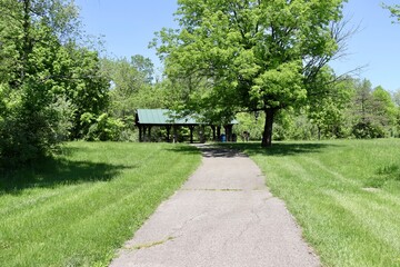 The empty pathway to the picnic shelter in the park.