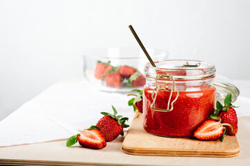 Jar of strawberry jam.