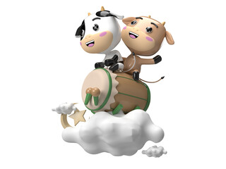 3d cute illustration for eid adha cow flying with drum on cloud rendering