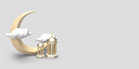 luxury 3d illustration of eid mubarak with lantern and moon rendering