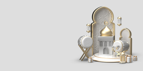 3d illustration of eid mubarak with moslem drum gift and moon rendering