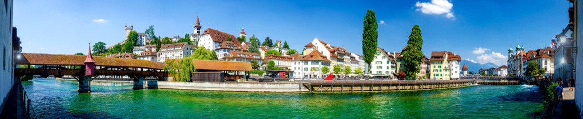Old city of Lucerne (Luzern) on the Reuss river at Lake Lucerne in central Switzerland - obrazy, fototapety, plakaty