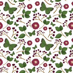 Rustic burgundy flowers with fresh green leaves, floral spring or summer pattern for fabric, wrapping, decor