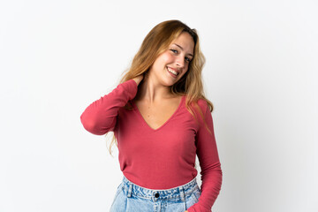 Young blonde woman isolated on blue background laughing