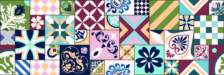 Vintage tiles intricate details for a decorative look. Ceramic paint floor, ornament Collection Patchwork Pattern Colorful  Illustration background Pattern. Geometric decoration for floor. 