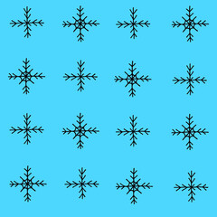 Snowflakes drawn with black marker on blue paper. Christmas background with a snowflakes. New Year concept. Wrapping paper for gifts for the new year. Christmas seamless pattern.