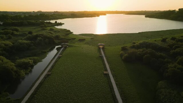 Aerial view of Pateira de Espinhel at sunset in Agueda, Aveiro - Portugal.