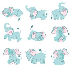 Cute baby elephants. Newborn animal, elephant in different poses, zoo mascot vector illustration set