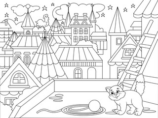 City, roofs of city houses and a cat. Children coloring book, black outline, white background.