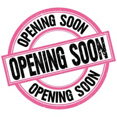 OPENING SOON text on pink-black round stamp sign