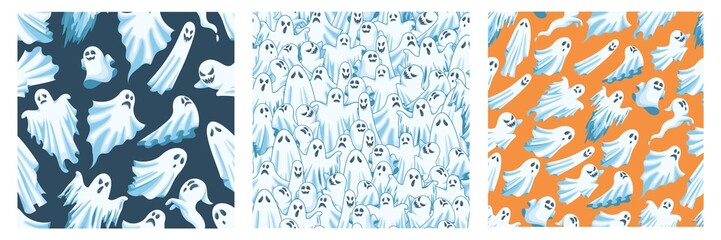 Cartoon ghost. Spooky Halloween spirit, poltergeist characters, angry and happy ghosts in white cloth vector illustration set