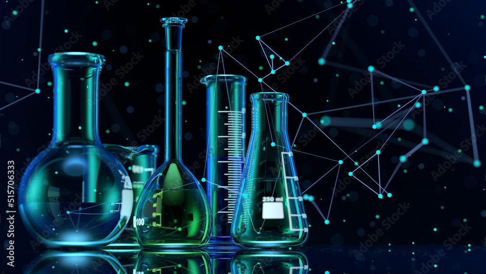 Poster glass chemistry lab equipment on black background. chemistry lab concept. 3d