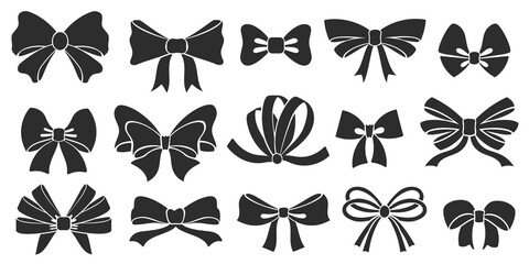 Ribbon bow icons. Stencil elegant knot, tie bows silhouette and ribbons for gift decorating vector set