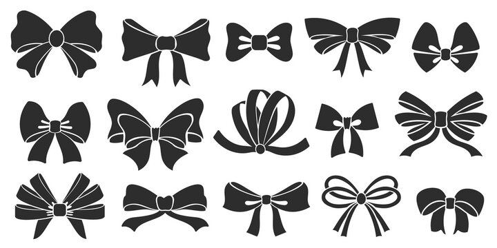 Ribbon bow icons. Stencil elegant knot, tie bows silhouette and ribbons for gift decorating vector set
