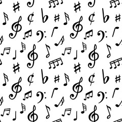 Music notes pattern. Seamless song notation sheet symbols, abstract musically note vector illustration