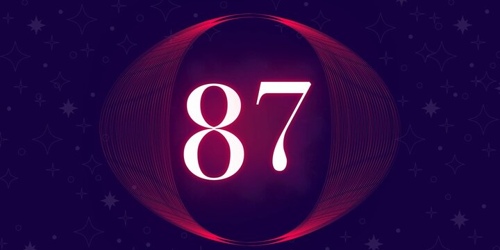 Number 87. Banner with the number eighty seven on a blue background and blue and purple details with a circle purple in the middle