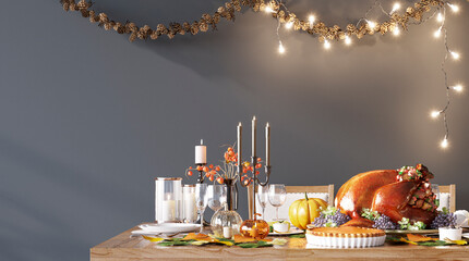 Thanksgiving mockup design. Dark gray background, festive table, turkey, decor with candles. 3d rendering