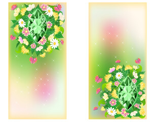 Season spring vertical banners with diamond emerald and flowers, vector illustration	