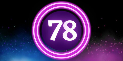 Number 78. Banner with the number seventy eight on a black background and blue and purple details with a circle purple in the middle