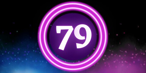 Number 79. Banner with the number seventy nine on a black background and blue and purple details with a circle purple in the middle