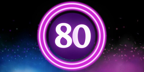 Number 80. Banner with the number eighty on a black background and blue and purple details with a circle purple in the middle
