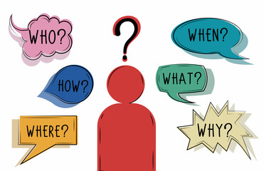 Vector isolated colourful speech bubble with text WHO WHAT WHERE WHEN WHY HOW and question mark. Investigate analyse and solve various questions.