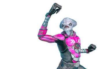 official alien on a sci-fi outfit doing a fighter pose in a white background