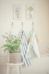 Light wall with hooked kitchen towels and a green plant on a stand