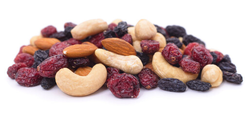 Handfuls of nuts and dried fruits.