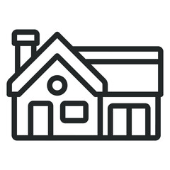 One-story house with stove heating and an attached garage - vector sign, web icon, illustration on a white background, outline style